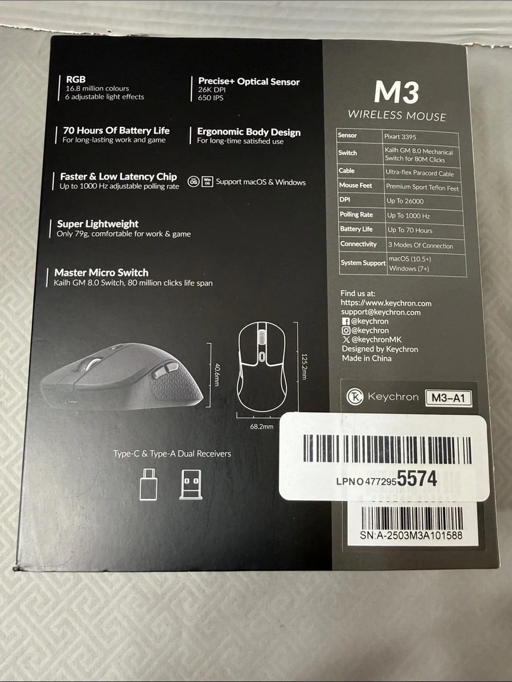 Keychron M3 Black Wireless Mouse Bluetooth Mode Ergonomic Design New Open Box